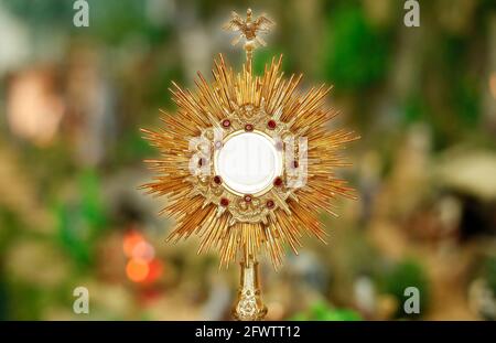 Ostensory for worship at a Catholic church ceremony Stock Photo