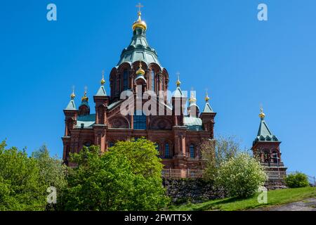 Helsinki / Finland - MAY 22, 2021: Building exterior of the Uspensky Cathedral in Helsinki. Stock Photo