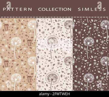 Set seamless pattern from coffee beans and dandelions. For wrapping paper, design and decoration. The image is isolated from the background. Stock Vector