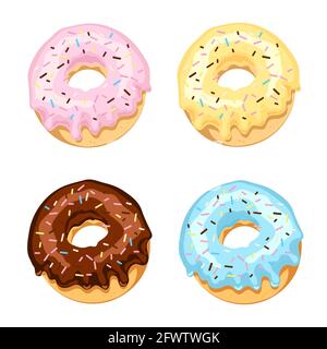 Set of colored donuts with sugar glaze and chocolate with multi-colored dusting. Vector illustration isolated on white background. Stock Vector
