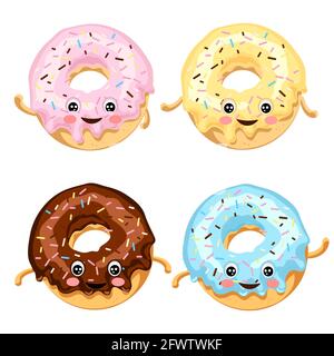Set of multi-colored funny donuts with eyes in sugar glaze and chocolate with a multi-colored coating. Vector illustration. Stock Vector