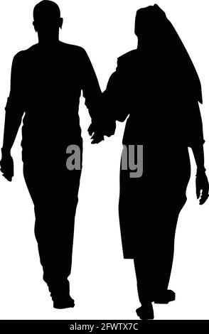 Couple holding hands and walking on road silhouette vector Stock Vector