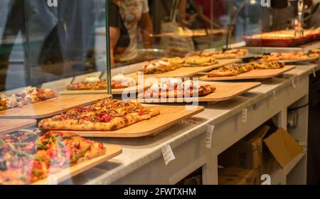 New York, USA. 22nd May, 2021. Pizza displayed a pizzeria in Union Square in New York on Saturday, May 22, 2021. (Photo by Richard B. Levine) Credit: Sipa USA/Alamy Live News Stock Photo