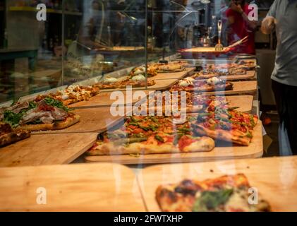 New York, USA. 22nd May, 2021. Pizza displayed a pizzeria in Union Square in New York on Saturday, May 22, 2021. (Photo by Richard B. Levine) Credit: Sipa USA/Alamy Live News Stock Photo