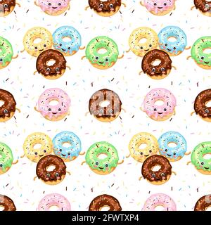 Seamless pattern of multicolored funny donuts with eyes in sugar glaze and chocolate. Vector illustration. Stock Vector