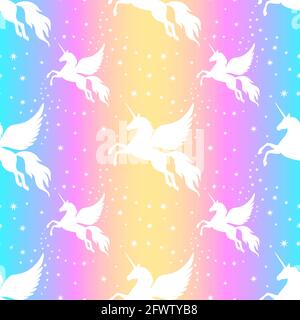 Winged unicorn and stars seamless pattern. Silhouette of a flying unicorn on the starry sky. Silhouette white on a rainbow background. Stock Vector