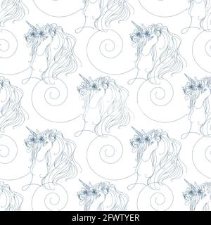 Seamless pattern of silhouette of a unicorn head in a wreath of flowers. Dark outline on a white background. Stock Vector