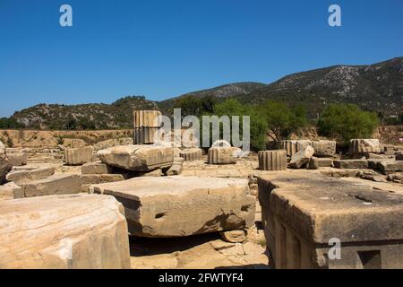 View of an ancient Greek sanctuary on the coast of Ionia called 'Claros'. The ruins of the sanctuary are found north of the town Ahmetbeyli in the Men Stock Photo
