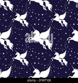 Winged unicorn and stars seamless pattern. Silhouette of a flying unicorn on the starry sky. Silhouette white on a dark background. Stock Vector