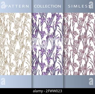 Set of seamless patterns with iris flowers on a white background. Patterns for scrapbooking, printing, gift wrapping, fabric. Stock Vector