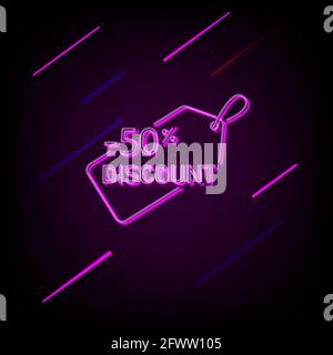 Glowing neon tag with word SALE against dark brick wall background. Stock Vector