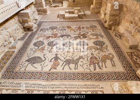 MOUNT NEBO, JORDAN - MARCH 21, 2017: Mosaics in the Moses Memorial church at the Mount Nebo mountain. Stock Photo