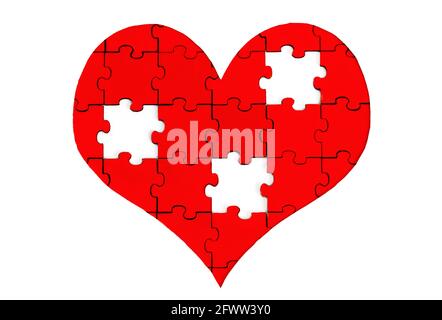 Red heart shaped jigsaw puzzle with three missing pieces isolated on white Stock Photo