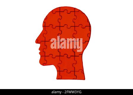 Silhouette of a human head made from red puzzle pieces isolated on white Stock Photo
