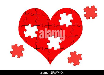 Red heart shaped jigsaw puzzle and three pieces to be set in place isolated on white. Stock Photo