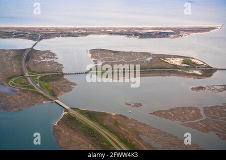 Aerial view over Nassau County on Long Island New York with parkways in view Stock Photo