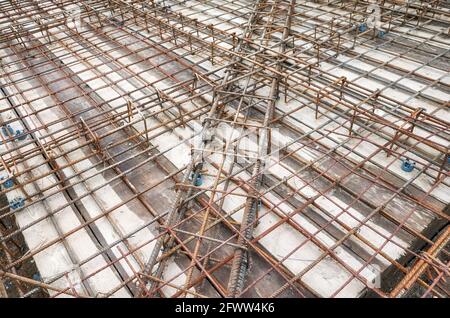 Ribbed steel bar reinforcement construction ready for concrete casting. Stock Photo