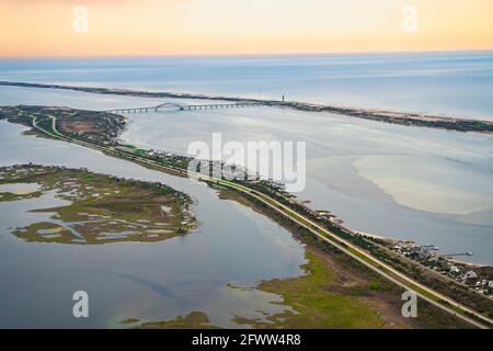 Aerial view over Nassau County on Long Island New York  with historic Jones Beach State Park beach in view Stock Photo