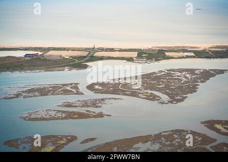 Aerial view over Nassau County on Long Island New York  with historic Jones Beach State Park beach in view Stock Photo