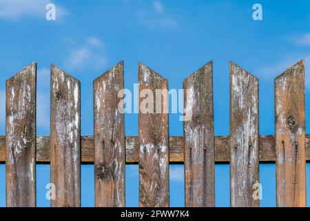 Top of old weathered pointed wood fence on a blue sky background. Shabby wooden planks, nature grains or knots, Pale smudges of white paint remainders. Stock Photo