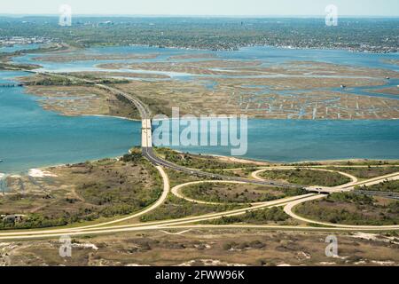 Aerial view over Nassau County on Long Island New York with parkways in view Stock Photo