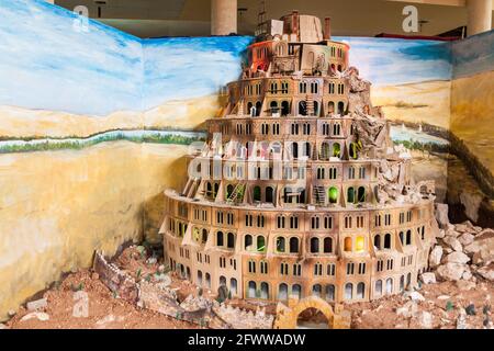 MOUNT NEBO, JORDAN - MARCH 21, 2017: Tower of Babel model in La Storia Tourism Complex at the Mount Nebo mountain. Stock Photo