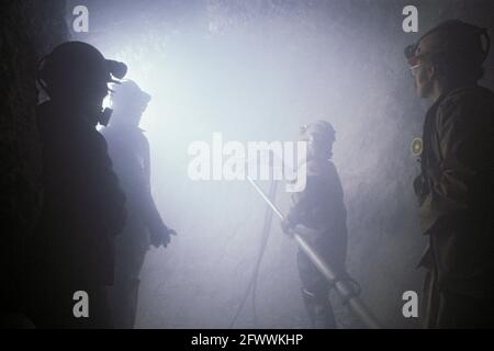 Gold Miners with Jack-leg Air Drill Stock Photo