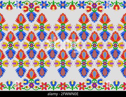 Bright floral ornament in folk style. Border of stylized multicolored flowers on a gray background. Seamless patterns. Stock Vector