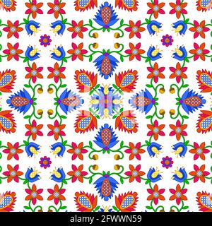 Stylized floral ornament in folk style. Flowers in a square composition with an imitation of embroidery. Seamless patterns. Stock Vector