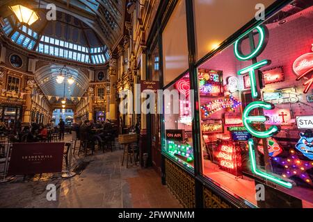 London, UK. 24 May 2021. General view of Electric City, Gods Own Junkyard's exhibition of Hollywood neon at Leadenhall Market in London. The exhibition opens on May 26 and will have neon lighting at various sites within the market. Picture date: Monday May 24, 2021. Photo credit should read: Matt Crossick/Empics/Alamy Live News Stock Photo