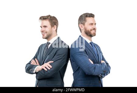 two happy business colleagues in suit cross hands isolated on white, business Stock Photo