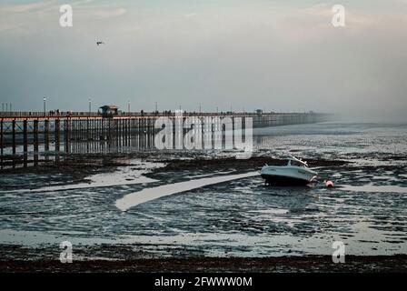 Southend Pier, The longest pier in the world at 1.34 miles or 2.16 km reaching out into the Thames Estuary, Southend-on-Sea, Essex, Britain Stock Photo