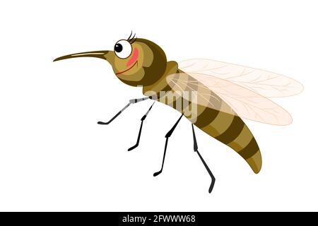 Cartoon mosquito isolated on white background. Mosquito character with big eyes and long curved proboscis. Cute insect mascot. Lovely bug icon. Vector Stock Vector