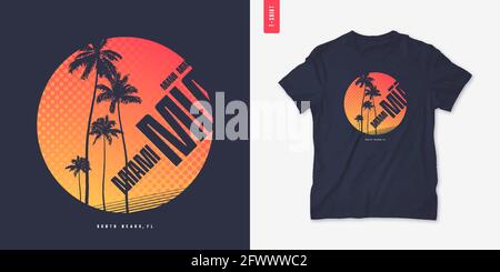 Miami Florida graphic t-shirt design with palm tress, summer retro print, vector illustration Stock Vector