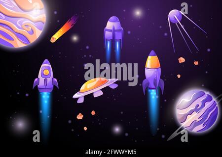 Space set with planets, spaceships, rockets, asteroids, satellite on dark background. Stock Vector