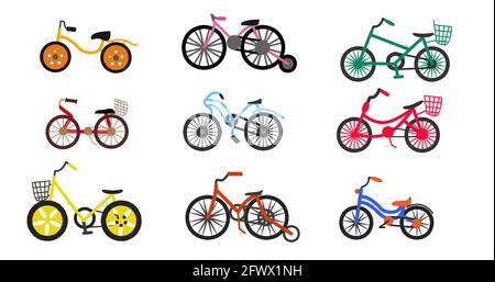 Colorful kids bikes set for lifestyle design isolated Flat vector illustration Stock Vector