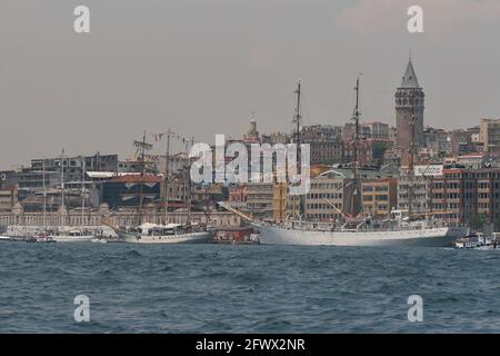 tall ships Istanbul port visit during Tall ship regatta, Historical Genoese Galata Tower at background Stock Photo