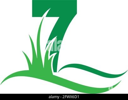 Number 7 behind a green grass icon logo design vector template Stock Vector