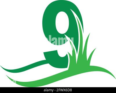 Number 9 behind a green grass icon logo design vector template Stock Vector