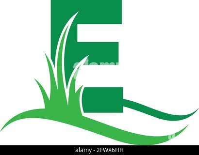Letter E behind a green grass icon logo design vector template Stock Vector