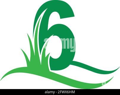 Number 6 behind a green grass icon logo design vector template Stock Vector