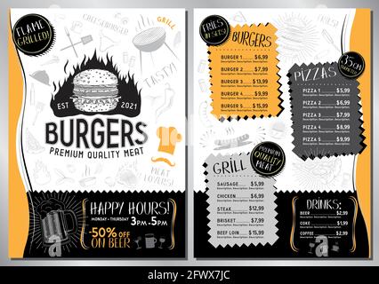 Burger bar menu template - A4 card (burgers, pizzas, grilled sausages, fries, drinks) Stock Vector