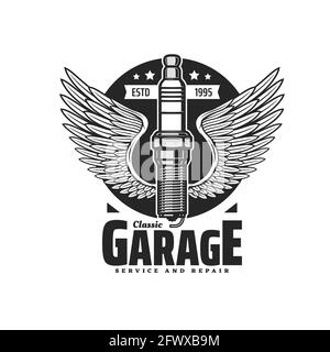 Spark plug symbol with wings, monochrome vector emblem for classic garage service and repair station. Winged automobile candle, gasoline internal comb Stock Vector