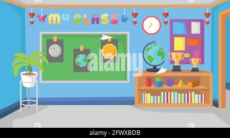 Children illustration,school class background with ornament class and tool.Origami ornament,book,cube and decorative plant.Vector Illustration Backgro Stock Vector