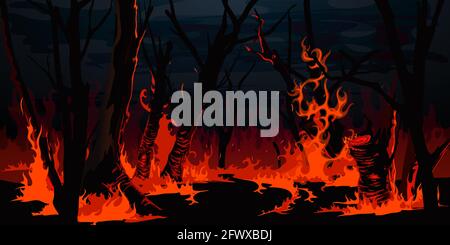 Forest fire, burning trees at night wood. Vector wildfire burnt landscape, nature disaster, ecology catastrophe. Red flame on grass and black tree tru Stock Vector