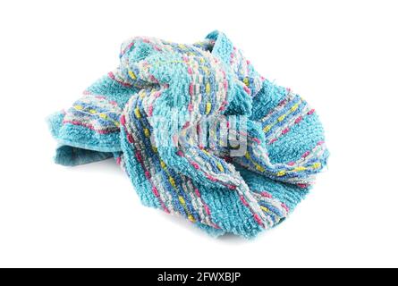 old crumpled turquoise towel isolated on white background. Stock Photo