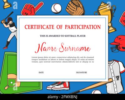 Certificate or diploma of participation to softball player. Baseball tournament team player achievement certificate. Batter, glove and ball, bat, jers Stock Vector