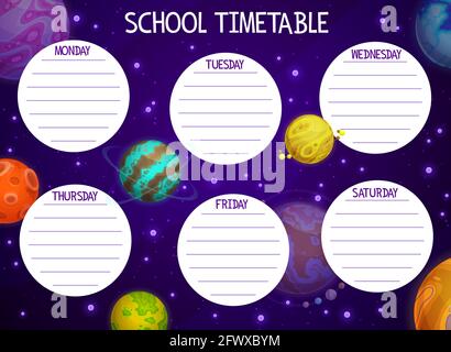 Cartoon space school timetable with planets. Vector schedule template with cosmic objects in Universe. Education kids week time table for lessons with Stock Vector