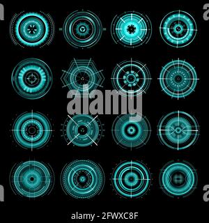 HUD futuristic target aims, sci fi ui interface icons vector set. Military optical aiming, spaceship crosshair signs for user interface. techno screen Stock Vector
