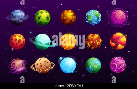 Cartoon space planets of vector fantasy alien galaxy universe, space game ui or gui. Planets and stars on dark sky with asteroid rings or belts, orbit Stock Vector